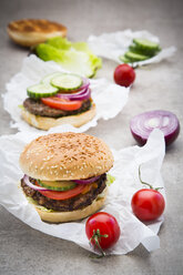 Hausgemachter Burger, Tomate, rote Zwiebel, Salat und Gurke - LVF06436