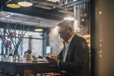 Älterer Geschäftsmann sitzt im Café und benutzt sein Smartphone - GUSF00175