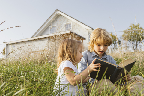 Brother and his little sister sitting on a meadow reading a book stock photo