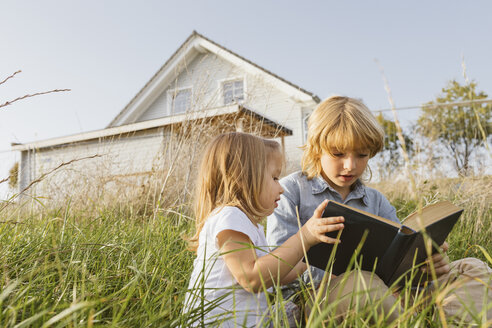 Bruder und seine kleine Schwester sitzen auf einer Wiese und lesen ein Buch - KMKF00067