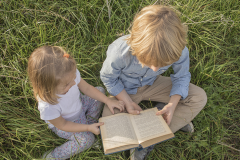 Bruder und seine kleine Schwester sitzen auf einer Wiese und lesen ein Buch, Draufsicht, lizenzfreies Stockfoto