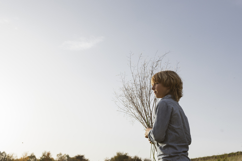 Boy with twigs against sky stock photo