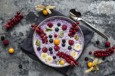 Yogurt with fruits, blueberry, red currants, raspberry, kiwi, banane, physalis - SARF03426