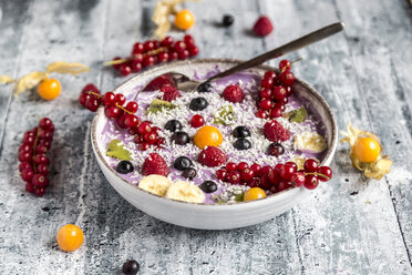 Yogurt with fruits, blueberry, red currants, raspberry, kiwi, banane, physalis - SARF03428