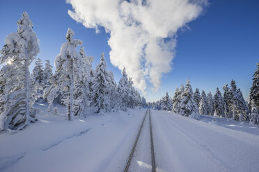 Germany, Saxony-Anhalt, Harz National Park, Brocken, rail tracks of Harz Narrow Gauge Railway in winter, cloud of steam - PVCF01185