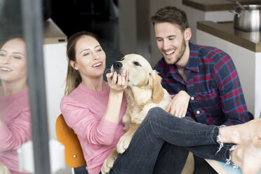Glückliches junges Paar mit Hund zu Hause - PESF00822