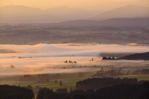 Deutschland, Bayern, Oberbayern, Allgäu, Pfaffenwinkel, Blick vom Auerberg bei Bernbeuren, Lechtal, Morgennebel bei Sonnenaufgang - SIEF07639