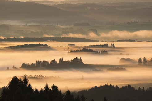 Deutschland, Bayern, Oberbayern, Allgäu, Pfaffenwinkel, Blick vom Auerberg bei Bernbeuren, Morgennebel über dem Lechtal - SIEF07640