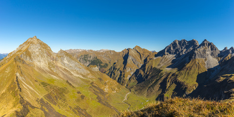 Deutschland, Bayern, Allgäu, Allgäuer Alpen, Höfats, Nebelhorn, Oytal, Raedlergrat am Himmelhorn, Schneck, Himmeleck, Großer Wilder und Kleiner Wilder, lizenzfreies Stockfoto