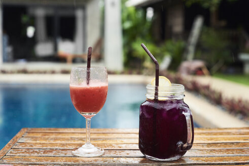 Zwei fruchtige Cocktails am Pool bei Regen - IGGF00238