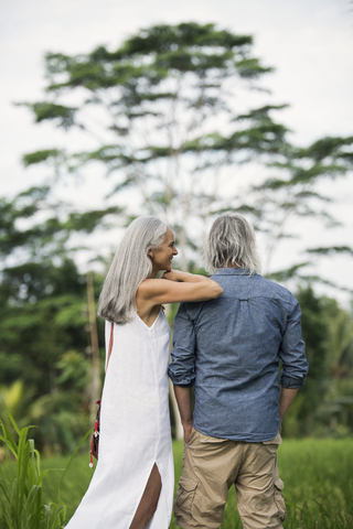 Senior couple looking at tropical landscape stock photo