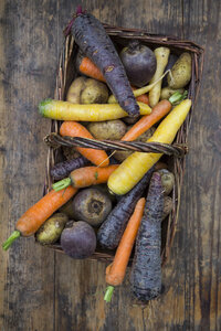 Wintergemüse, Karotten, Rote Bete, Kartoffeln und Pastinaken im Korb - LVF06474