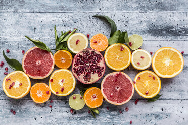 Various citrus fruits, orange, tangerine, grapefruit, lime, lemon and pomegranate - SARF03442
