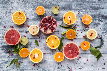 Various citrus fruits, orange, tangerine, grapefruit, lime, lemon and pomegranate - SARF03443