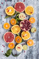 Various citrus fruits, orange, tangerine, grapefruit, lime, lemon and pomegranate - SARF03445