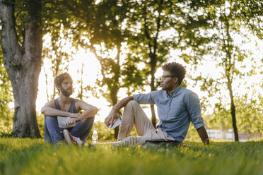 Two friends sitting in a park with mobile device and papers - KNSF03198