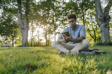 Young man sitting in park using mobile device - KNSF03228