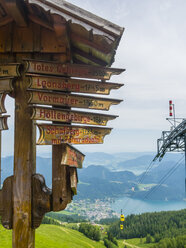 Austria, Upper Austria, Salzburg State, Sankt Gilgen, View of town and Lakes Wolfgangsee and Mondsee, sign post - AMF05560