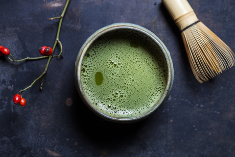 Japanese Matcha in Bowl with Matcha-whisk stock photo