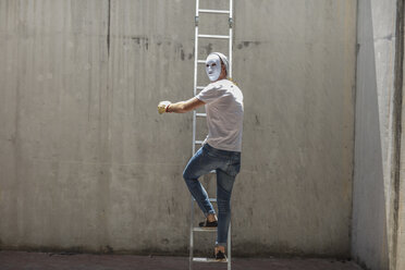 Mann mit Maske steigt auf eine Leiter - ZEF14870
