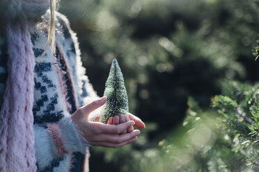 Little girl holding a toy Christmas tree, close up - MJF02219
