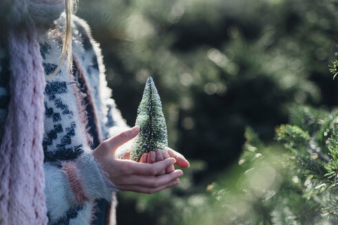 Kleines Mädchen hält einen Spielzeug-Weihnachtsbaum, Nahaufnahme - MJF02219