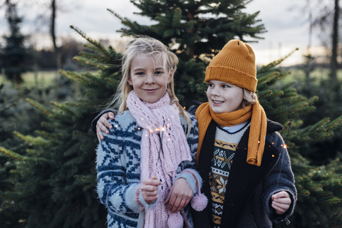 Junge und Mädchen halten Wunderkerze vor einer Tanne, lizenzfreies Stockfoto