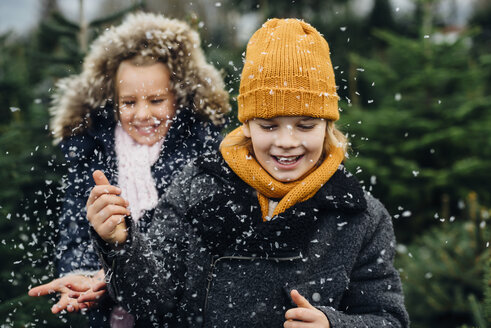 Bruder und Schwester haben Spaß mit Schnee vor Weihnachten - MJF02235