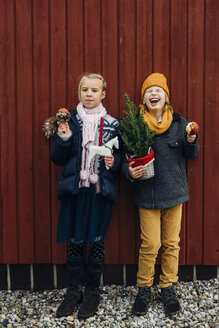 Mädchen und lachender Junge stehen vor einer Holzwand mit Spielzeugpferd und in Schokolade getauchtem Apfel - MJF02250