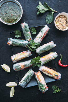 Vietnamesische Frühlingsrolle mit Gemüse, gerösteten Erdnüssen und Kräutern, Sauce - IPF00432