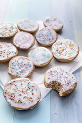 Vegan sweet pastry with sugar icing and coloured sugar beads and granules - IPF00433