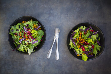 Bowl of mixed leaf salad with pomegranate seed, red cabbage and roasted curcuma chick peas - LVF06519