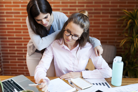 Two businesswomen with notebook at desk in office stock photo