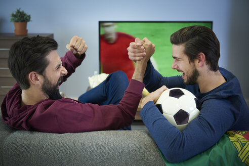 Zwei Fußballfans, die fernsehen und jubeln - ABIF00086