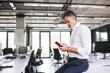 Reifer Geschäftsmann benutzt Mobiltelefon im Büro - HAPF02539