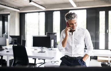 Reifer Geschäftsmann am Handy im Büro - HAPF02541