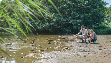 Familie mit kleinem Mädchen füttert Enten in einem Teich - DAPF00839