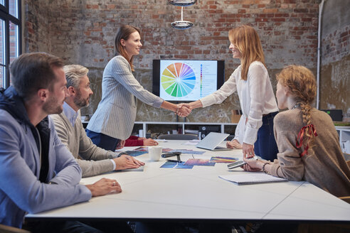 Colleagues greeting at a presentation in the office - WESTF23788