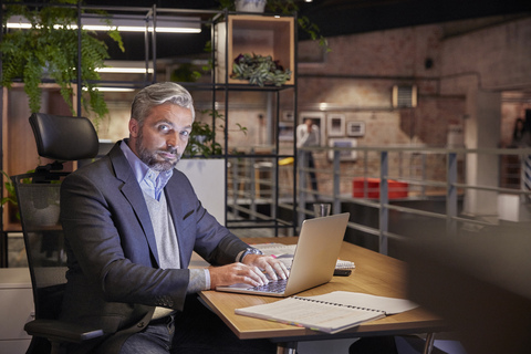 Mature businessman working in modern office, using laptop stock photo