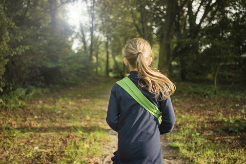 Rear view of girl in a forest stock photo