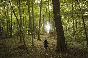 Rückansicht eines Mädchens, das in einem Wald läuft - MOEF00571