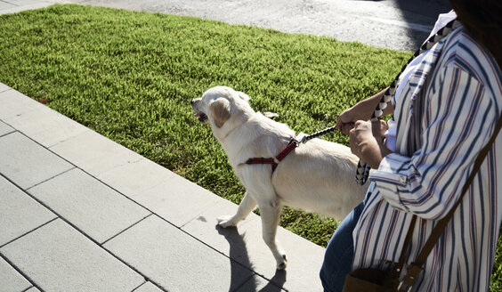 Junge Frau geht mit ihrem Hund auf dem Bürgersteig spazieren - IGGF00314