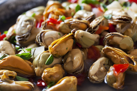 Marinated blue mussels, close-up stock photo