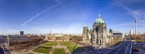 Germany, Berlin, Berlin-Mitte, Panoramic view of Museum Island, Berlin Cathedral and Berlin TV Tower stock photo