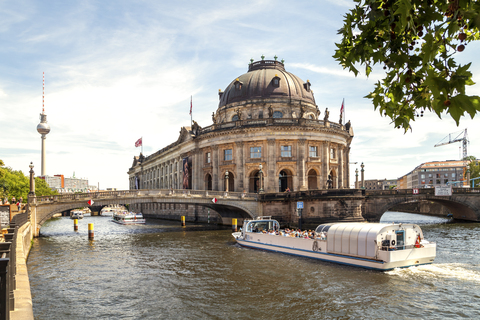 Germany, Berlin, Berlin-Mitte, view to Berlin TV Tower and Bode Museum with tourboat on Spree in the foreground stock photo