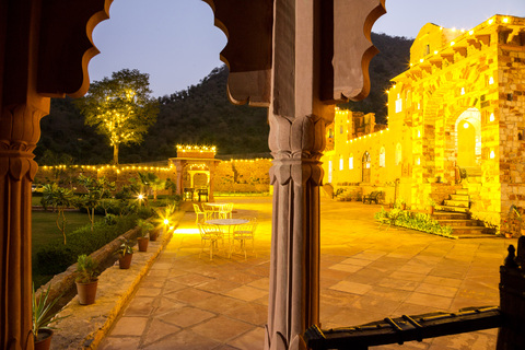 India, Rajasthan, Alwar, Heritage Hotel Ram Bihari Palace, terrace in the evening stock photo