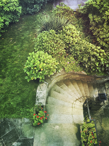 staircase to house entrance and Hydrangea garden of residential house stock photo