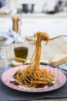 Spaghetti mit Kirschtomaten und Basilikum auf einem Teller - GIOF03723