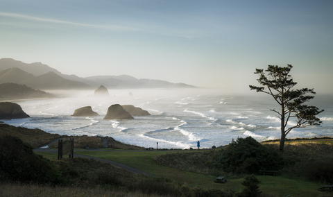 USA, Oregon, Cannon Beach at sunrise stock photo