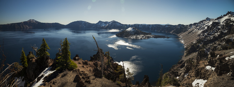 USA, Oregon, Klamath County, Panoramic view of Crater Lake stock photo